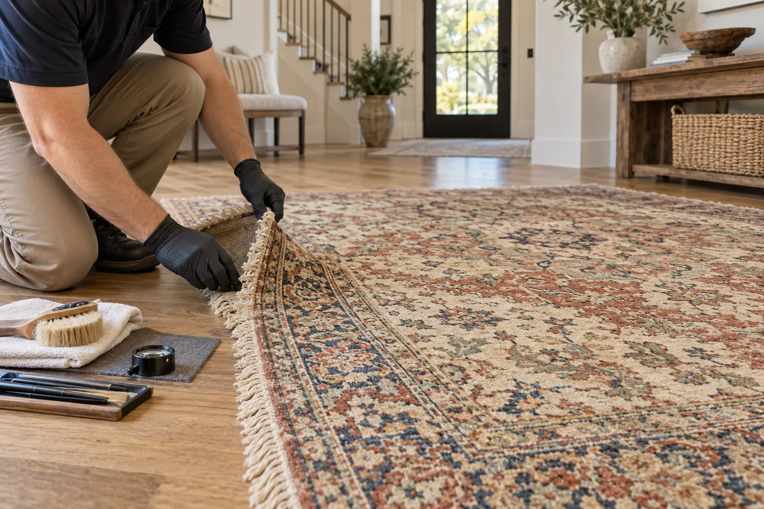 Careful evaluation of wool area rug fiber fringe and backing in an Argyle home