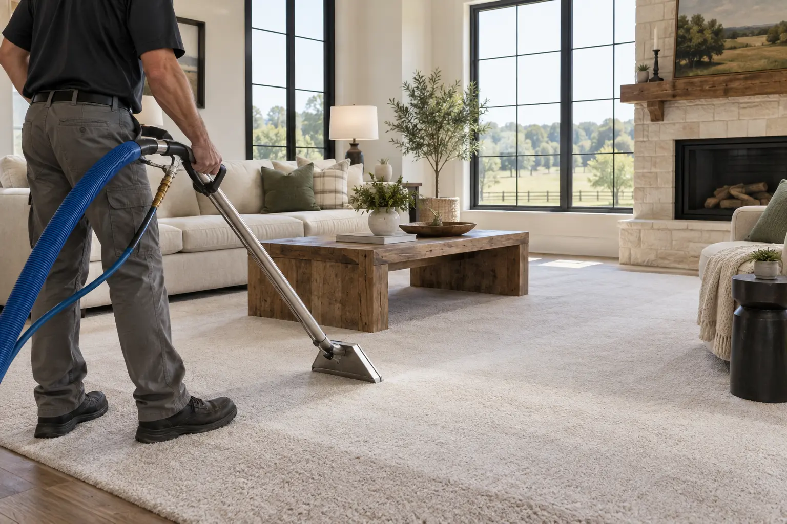 Technician performing hot-water extraction on carpet in an Argyle modern farmhouse living room