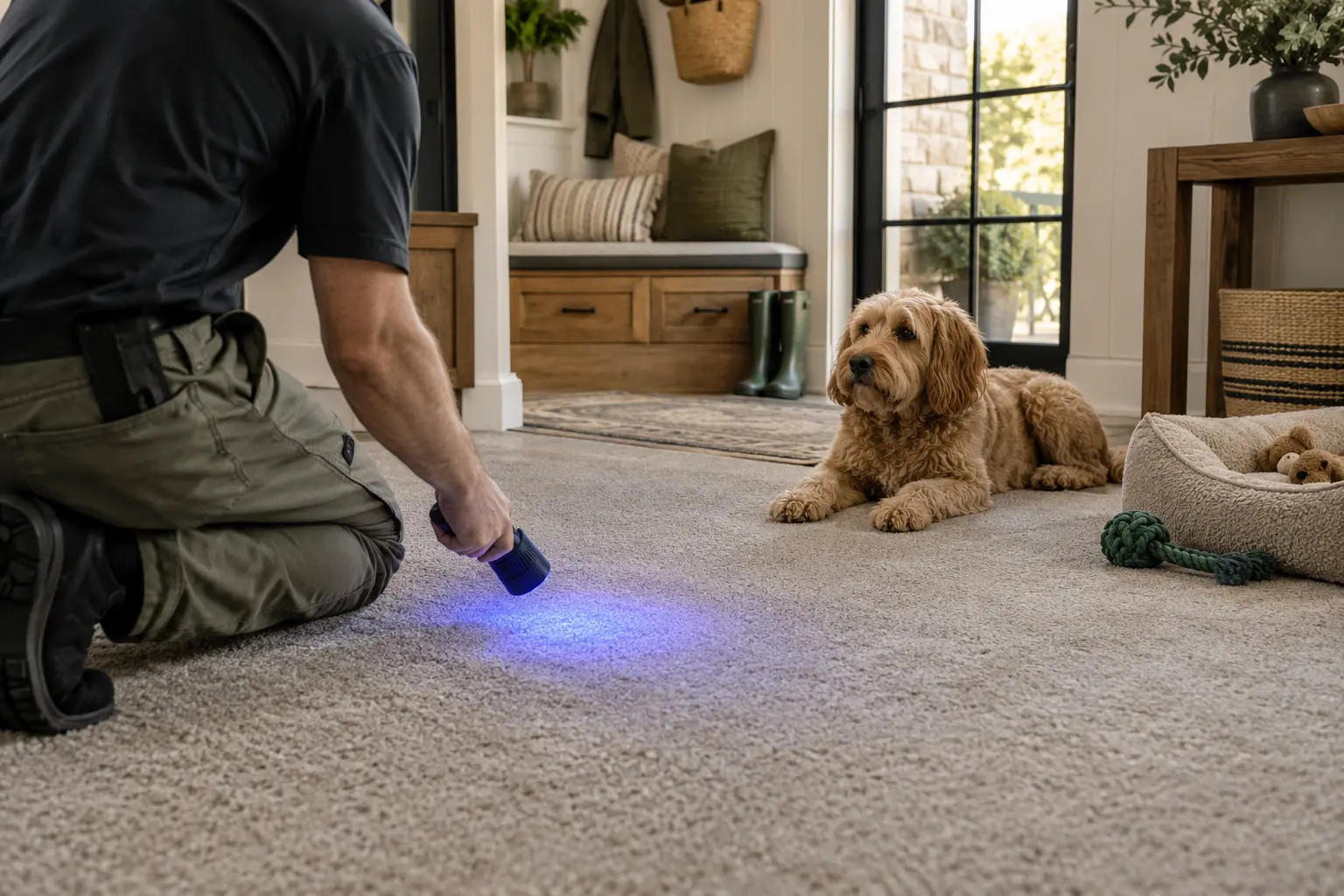 Professional UV inspection for pet-related carpet concerns in an Argyle home