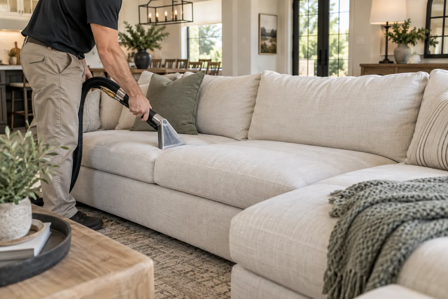 Professional upholstery cleaning of a light linen sectional in an Argyle home