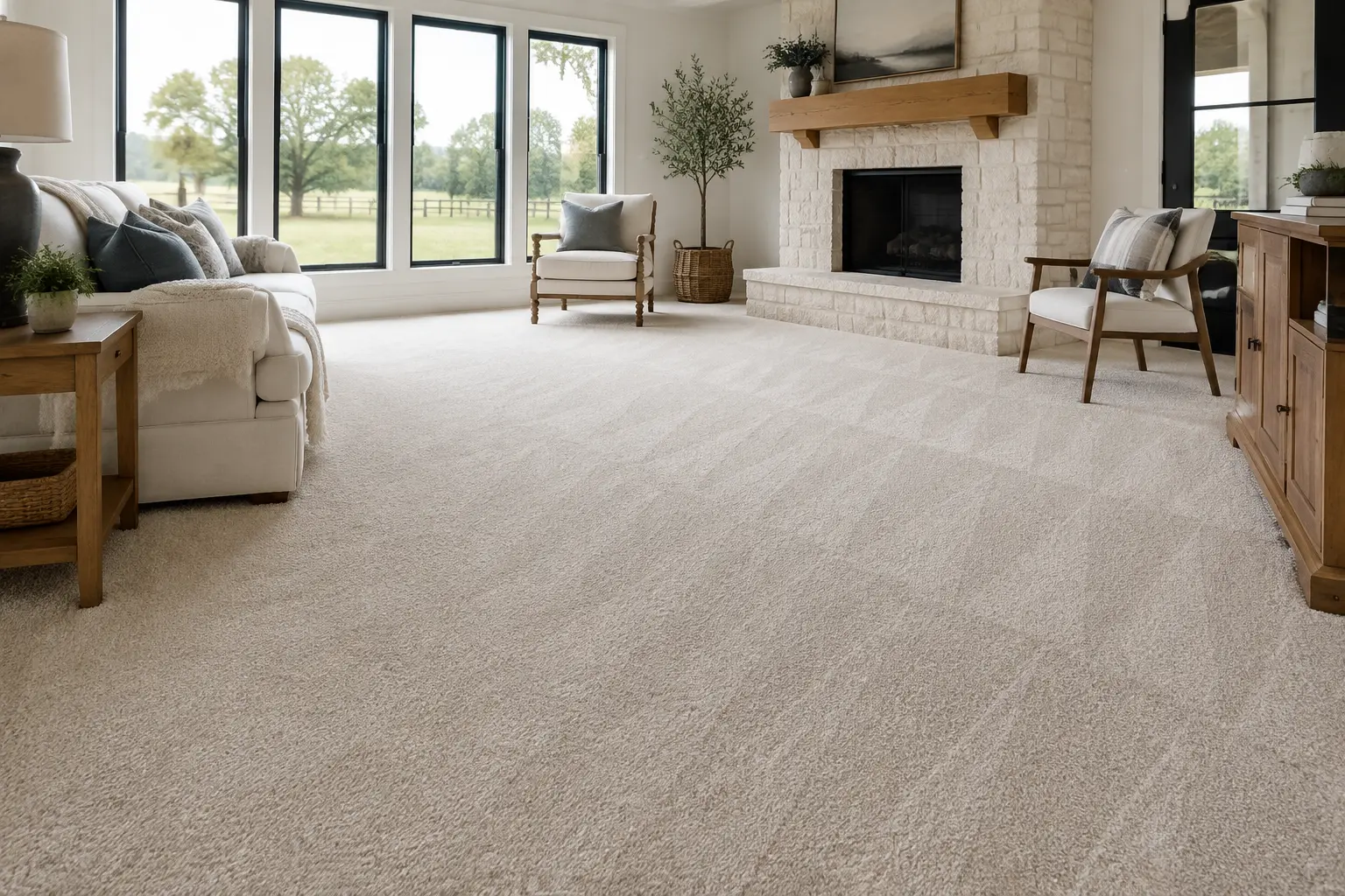 Clean carpet in a modern farmhouse living room in Argyle, Texas