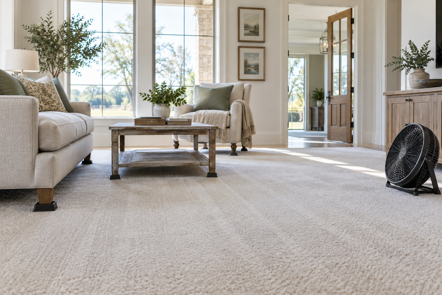 Freshly cleaned carpet drying with gentle airflow from a floor fan