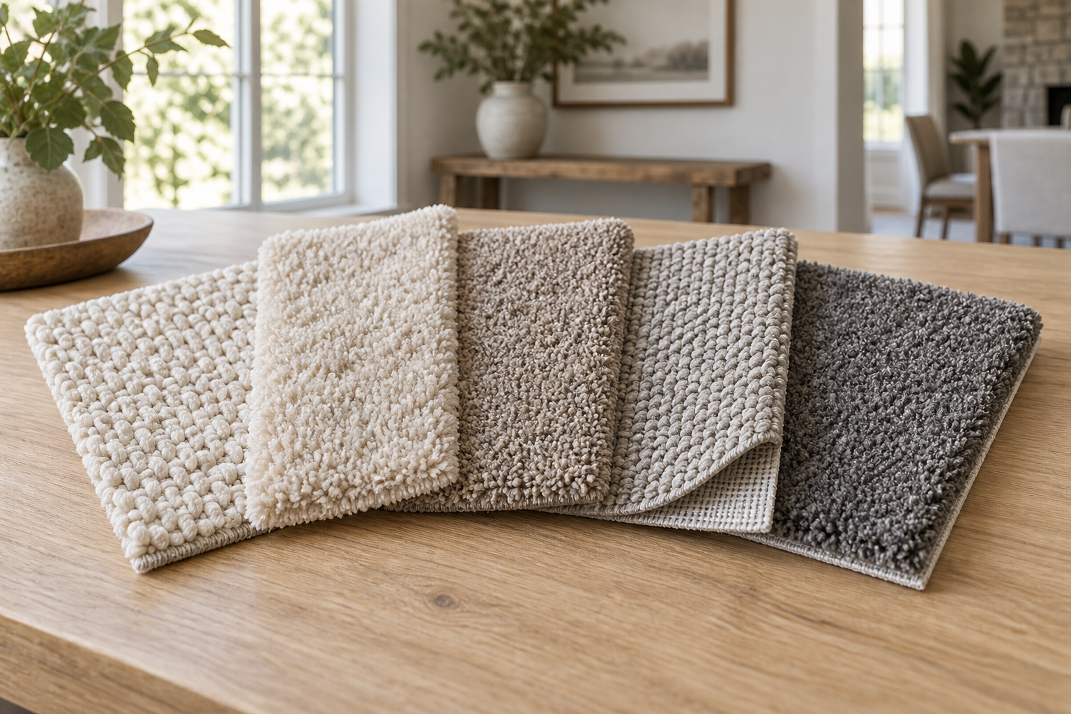 Neutral carpet samples showing different fibers, pile heights, and constructions