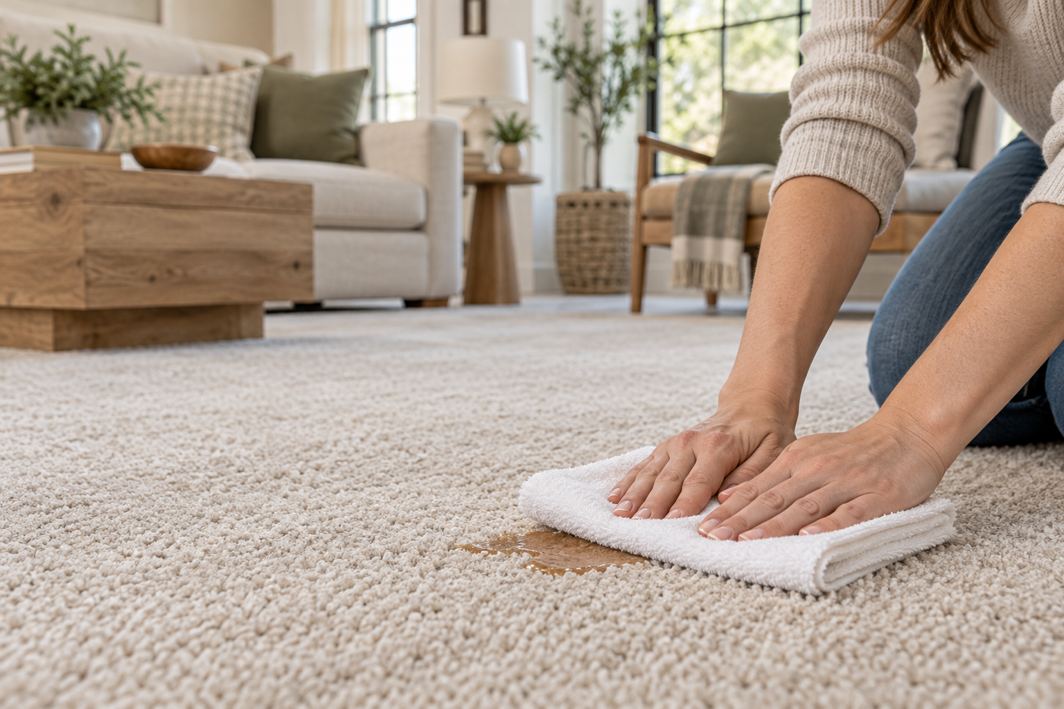 Homeowner blotting a fresh spill from light carpet with a clean white towel